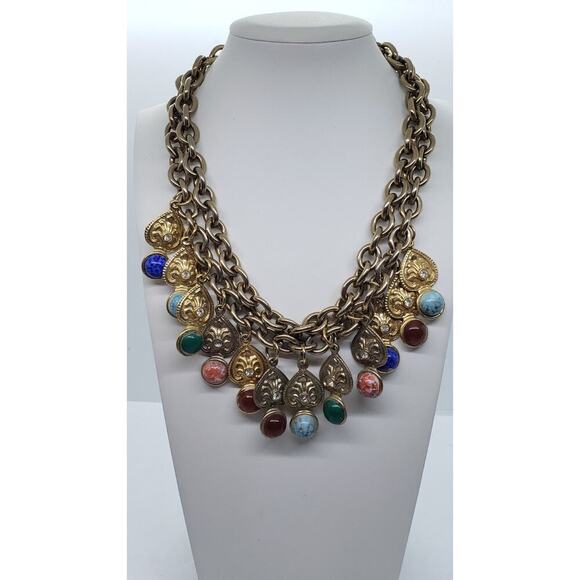 Double Chain Choker Faux Gem Rhinestones Dangle Charms Chunky 10k Gold Plated - Picture 2 of 11